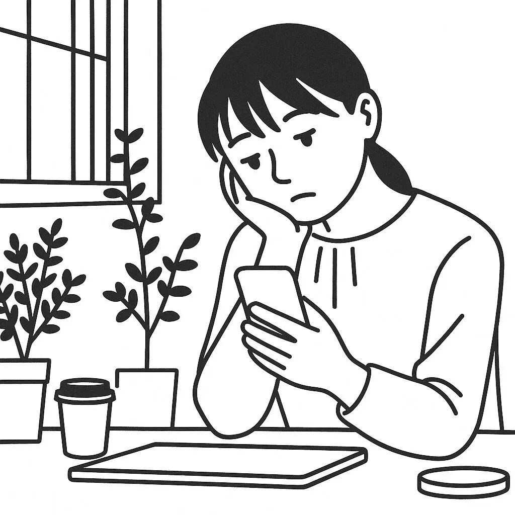 スマホを見て悩む女性