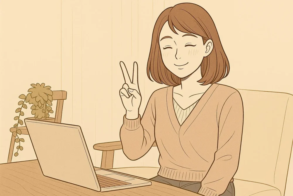 パソコンにピースをする女性
