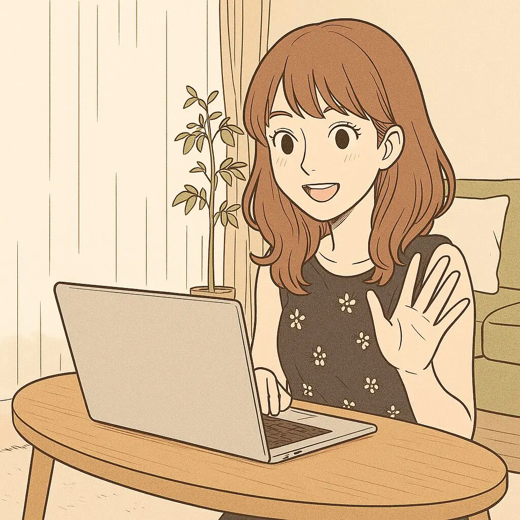 パソコンに手を振る女性